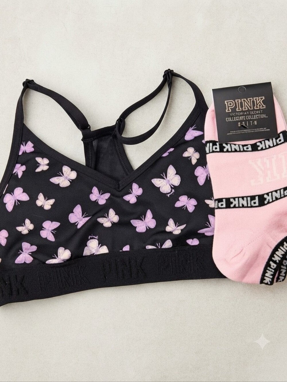 PINK Victoria's Secret XS Sports Bra with Butterflies And NWT Socks
